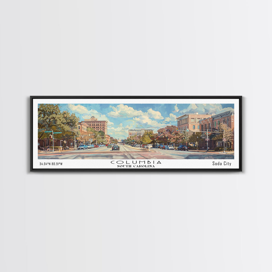 Columbia South Carolina Panoramic Watercolor Painting Framed Canvas Print, Travel Poster Art, Urban Cityscape, Living Room Decor, Wall Hanging, Office Art, Southern Charm Gift