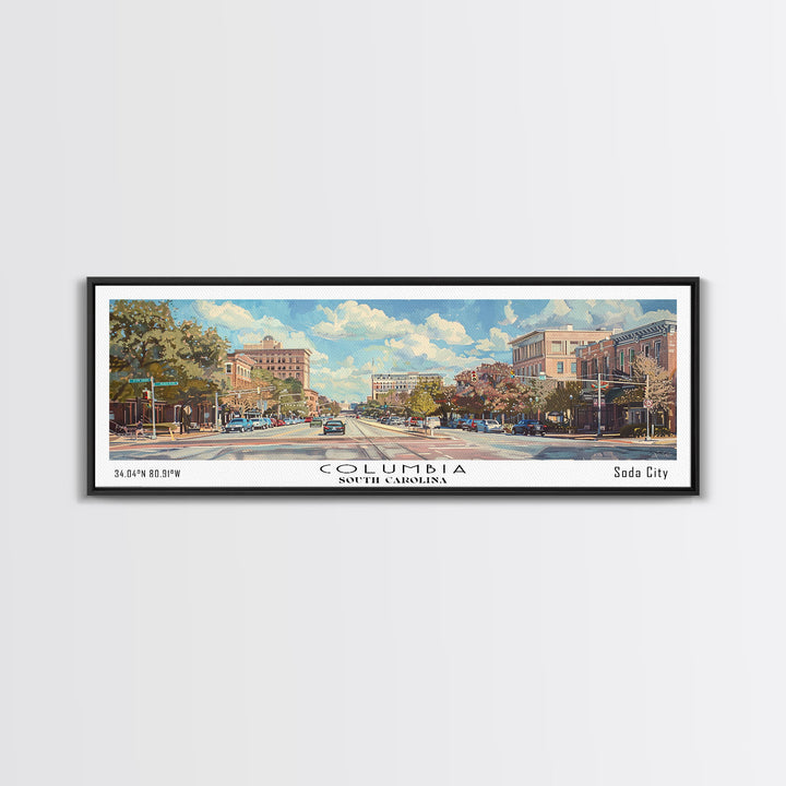 Columbia South Carolina Panoramic Watercolor Painting Framed Canvas Print, Travel Poster Art, Urban Cityscape, Living Room Decor, Wall Hanging, Office Art, Southern Charm Gift