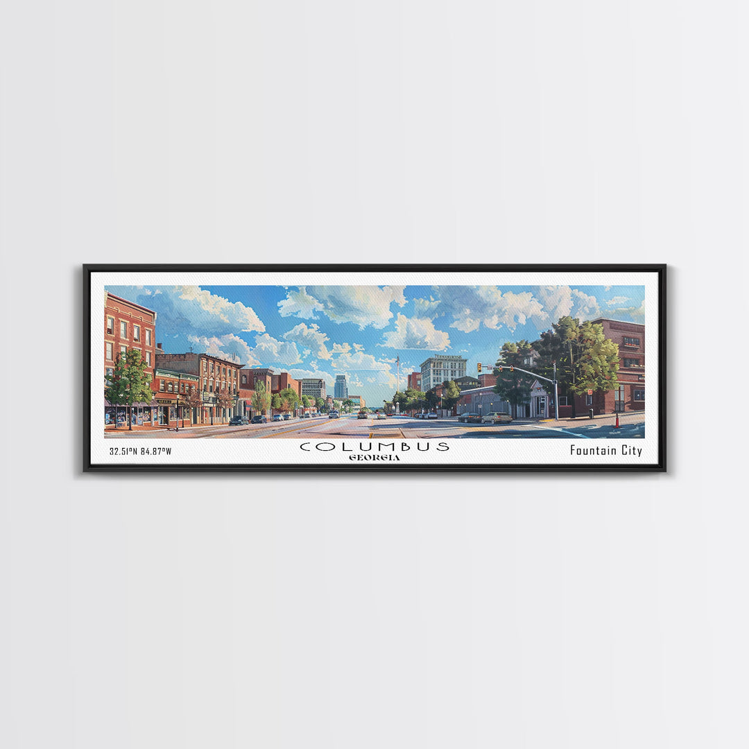 Columbus Georgia Panoramic Watercolor Painting Framed Canvas Print, Travel Poster Art, Picturesque Landscape, Home Decor, Living Room Wall Art, Office Decoration, Unique Travel Gift