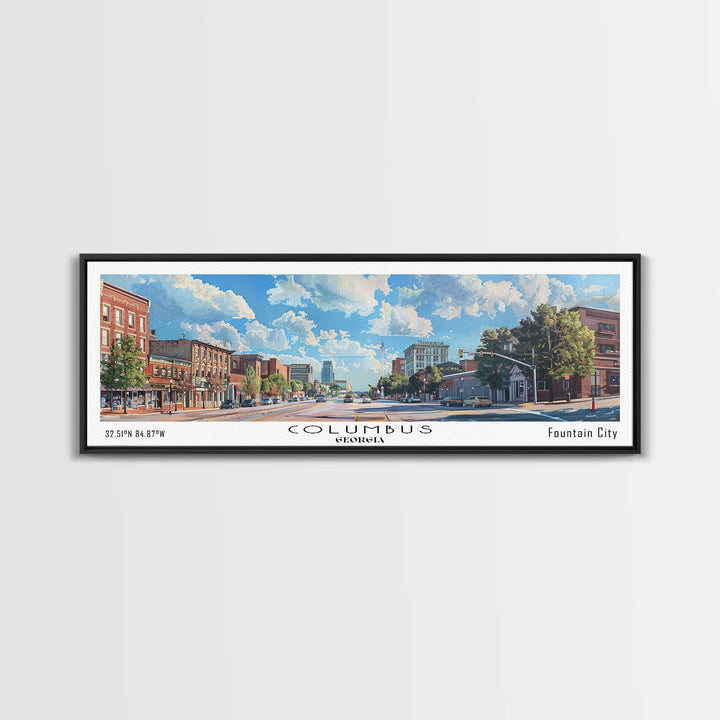 Columbus Georgia Panoramic Watercolor Painting Framed Canvas Print, Travel Poster Art, Picturesque Landscape, Home Decor, Living Room Wall Art, Office Decoration, Unique Travel Gift