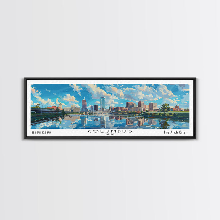 Columbus Ohio Panoramic Watercolor Painting Framed Canvas Print, Travel Poster Art, Urban Cityscape, Home Decor, Living Room Wall Art, Office Decoration, Gift for Ohioans