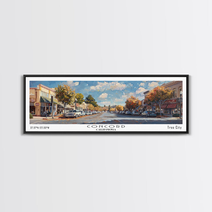 Concord California Panoramic Watercolor Painting Framed Canvas Print, Travel Poster Art, Picturesque Landscape, Living Room Decor, Wall Art, Office Decoration, Unique Travel Gift