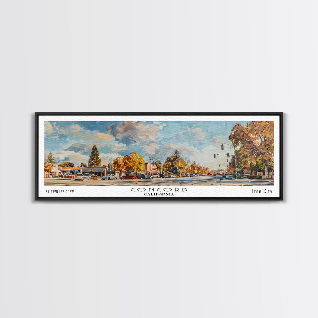 Concord California Panoramic Watercolor Painting Framed Canvas Print, Travel Poster Art, Urban Landscape, Bedroom Wall Art, Living Room Decoration, Office Wall Art, California-Themed Gift