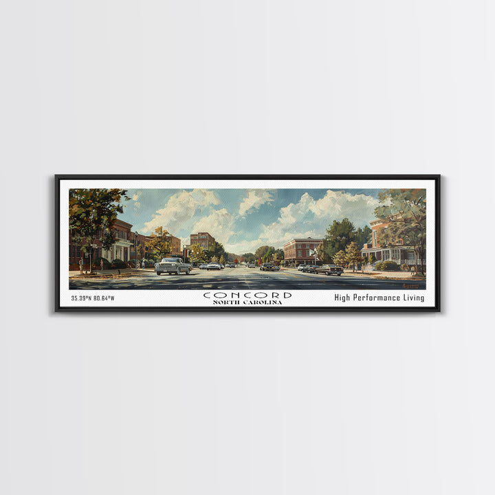 Concord North Carolina Panoramic Watercolor Painting Framed Canvas Print, Travel Poster Art, Urban Cityscape, Living Room Decor, Wall Hanging, Office Art, Southern Charm Gift