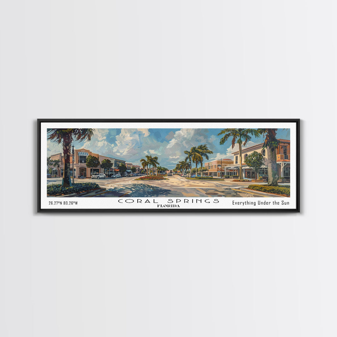 Coral Springs Florida Panoramic Watercolor Painting Framed Canvas Print, Travel Poster Art, Coastal View, Home Decor, Living Room Wall Art, Office Decoration, Gift for Beach Lovers