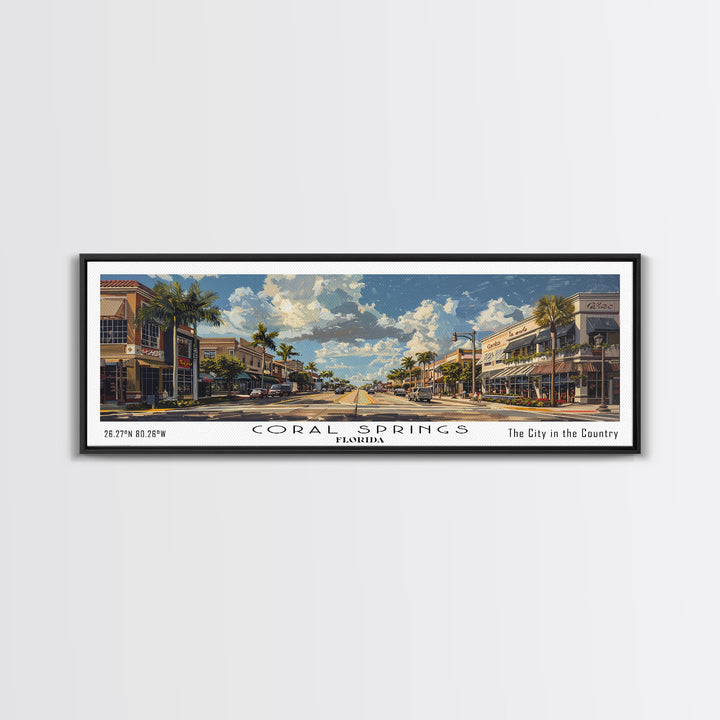 Coral Springs Florida Panoramic Watercolor Painting Framed Canvas Print, Travel Poster Art, Scenic Coastal View, Bedroom Wall Art, Living Room Decoration, Office Wall Art, Florida-Themed Gift