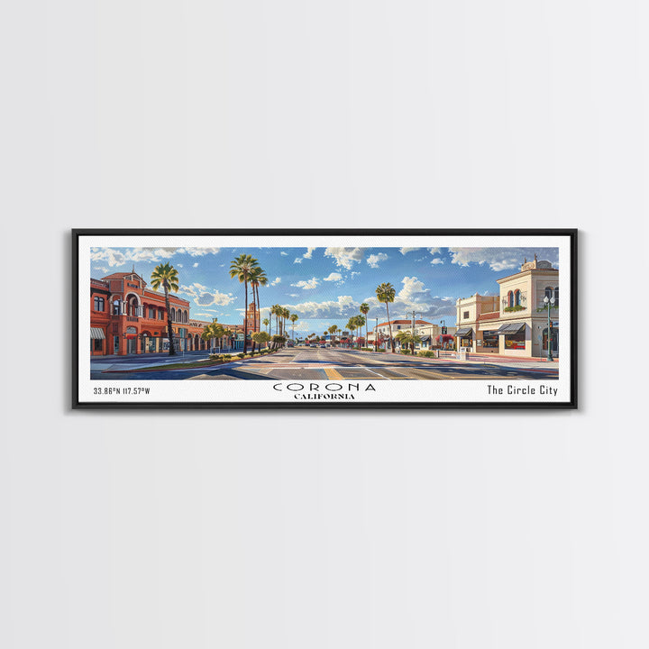 Corona California Panoramic Watercolor Painting Framed Canvas Print, Travel Poster Art, Urban Cityscape, Home Decor, Living Room Wall Art, Office Decoration, Gift for California Lovers