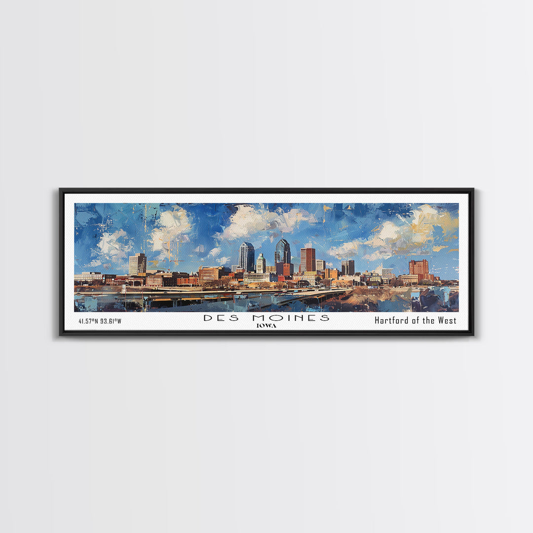 Des Moines Iowa Panoramic Watercolor Painting, Scenic Framed Canvas Print, Urban Wall Art for Office, Travel Poster, Home Decor, City Gift Idea