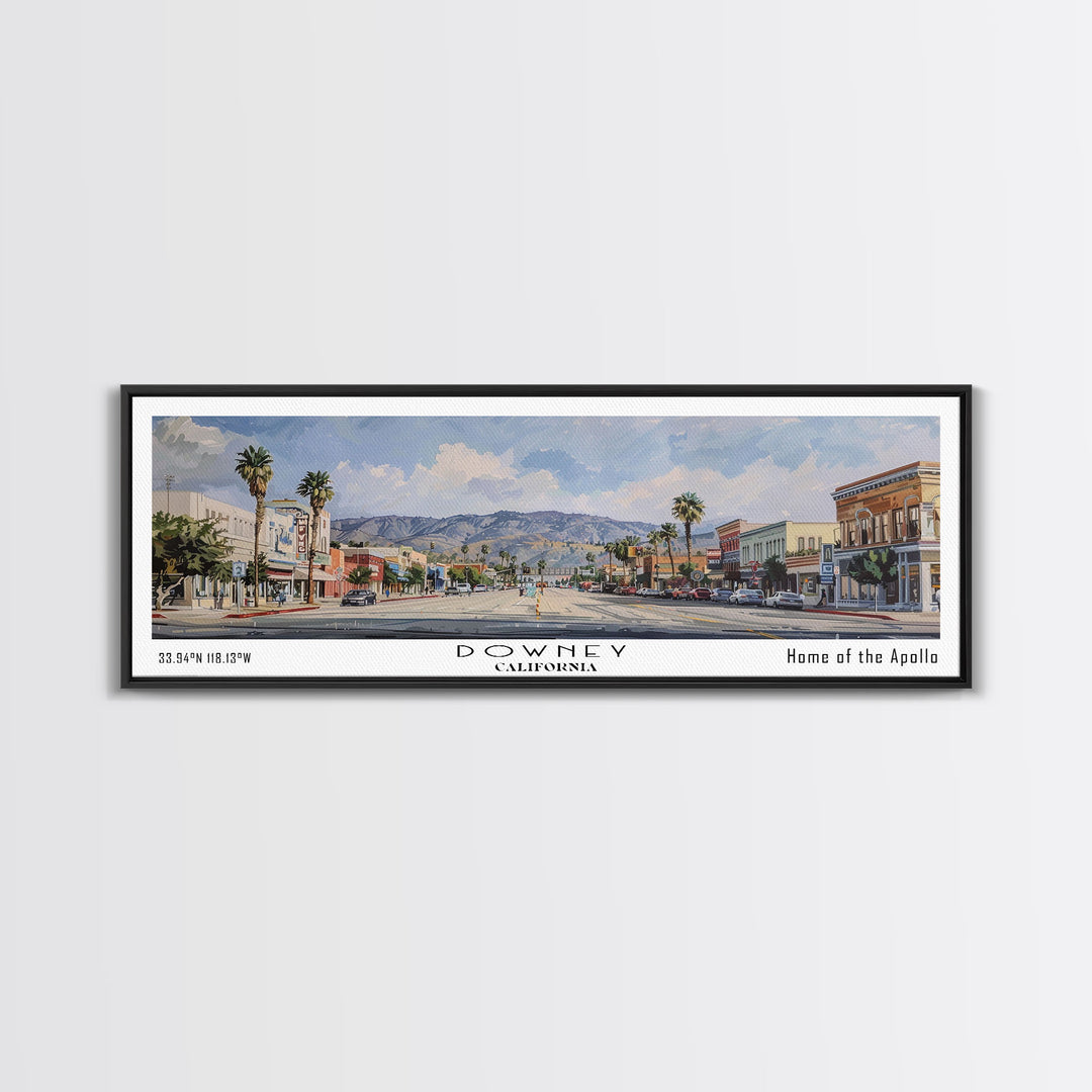 Downey California Panoramic Watercolor Painting, Scenic Framed Canvas Print, Urban Wall Art for Office, Travel Decor, City Print, Gift Idea