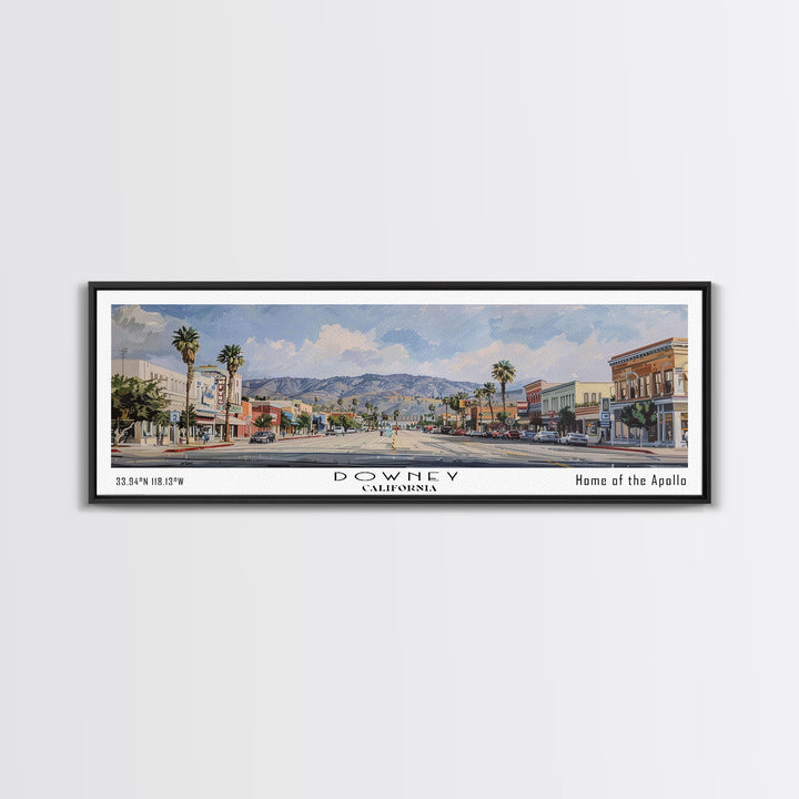 Downey California Panoramic Watercolor Painting, Scenic Framed Canvas Print, Urban Wall Art for Office, Travel Decor, City Print, Gift Idea