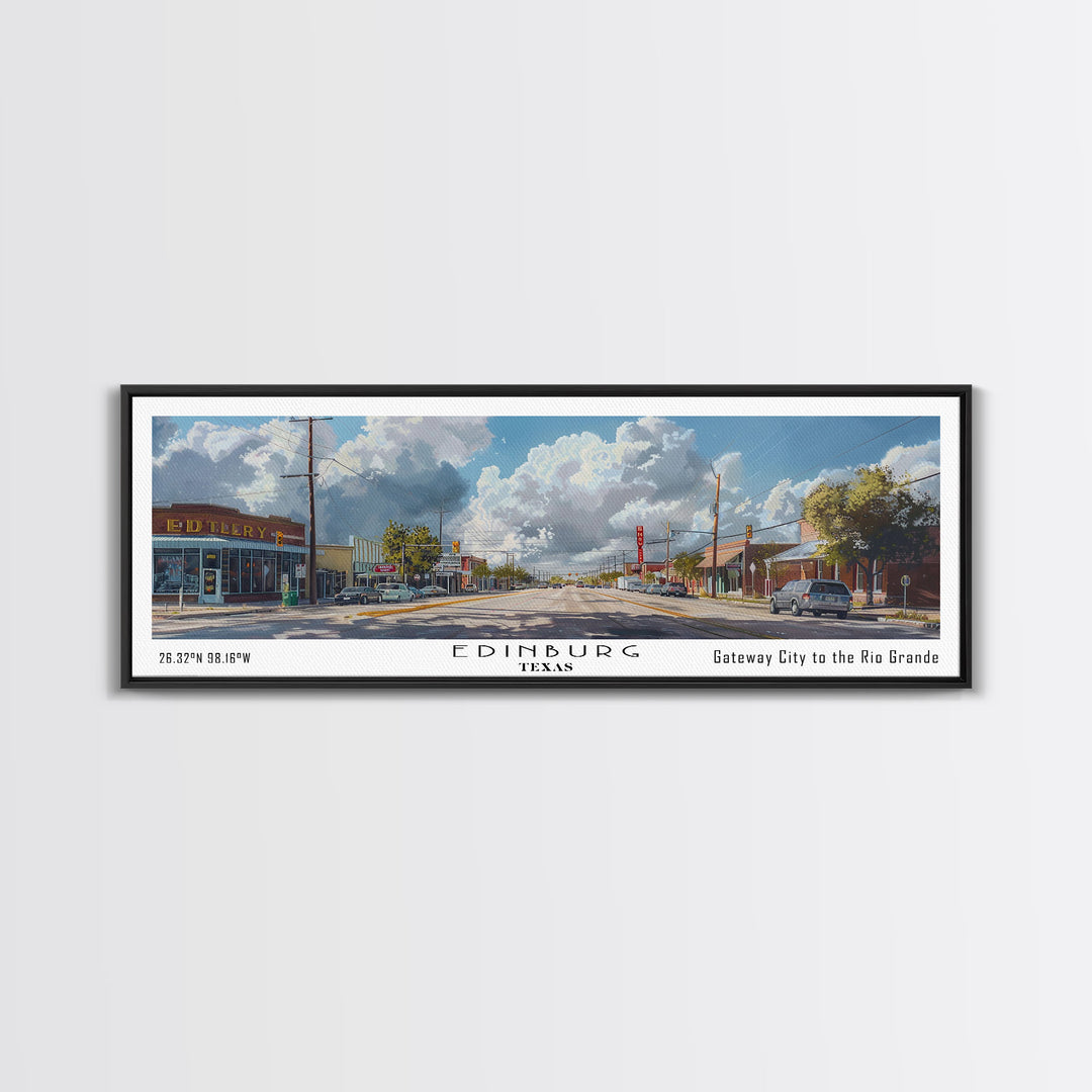 Edinburg Texas Panoramic Watercolor Painting, Scenic Framed Canvas Print, Urban Wall Art for Office, Travel Poster, Home Decor, City Gift Idea