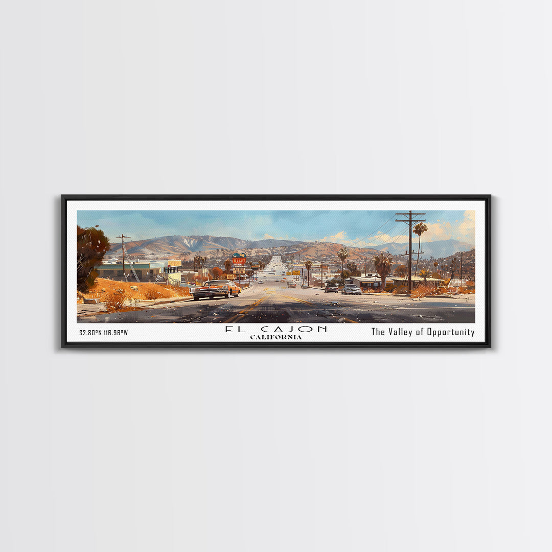 El Cajon California Panoramic Watercolor Painting, Scenic Framed Canvas Print, Urban Wall Art for Office, Travel Decor, City Print, Gift Idea