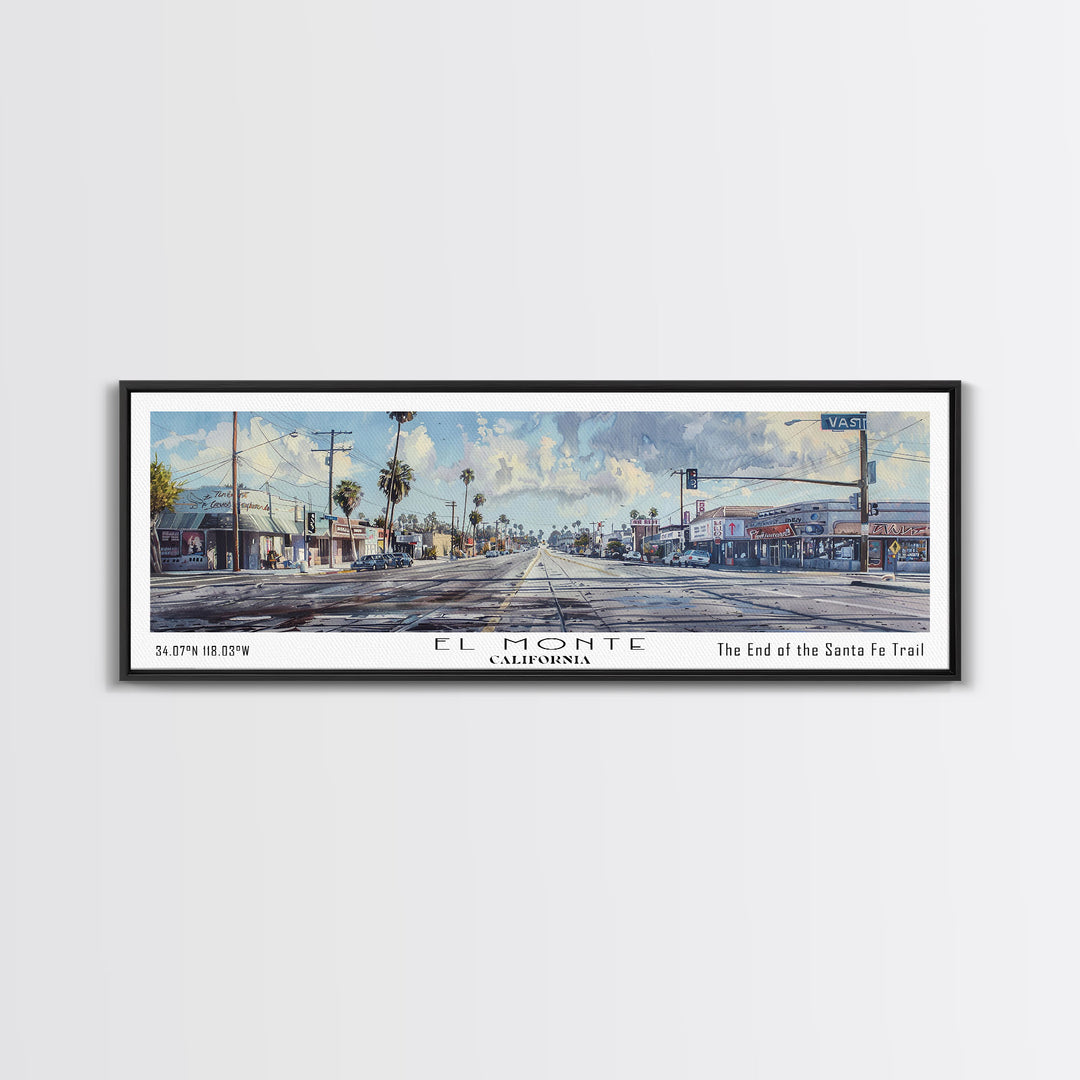 El Monte California Panoramic Watercolor Painting, Scenic Framed Canvas Print, Urban Wall Art for Office, Travel Decor, City Print, Gift Idea