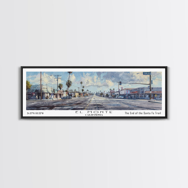 El Monte California Panoramic Watercolor Painting, Scenic Framed Canvas Print, Urban Wall Art for Office, Travel Decor, City Print, Gift Idea