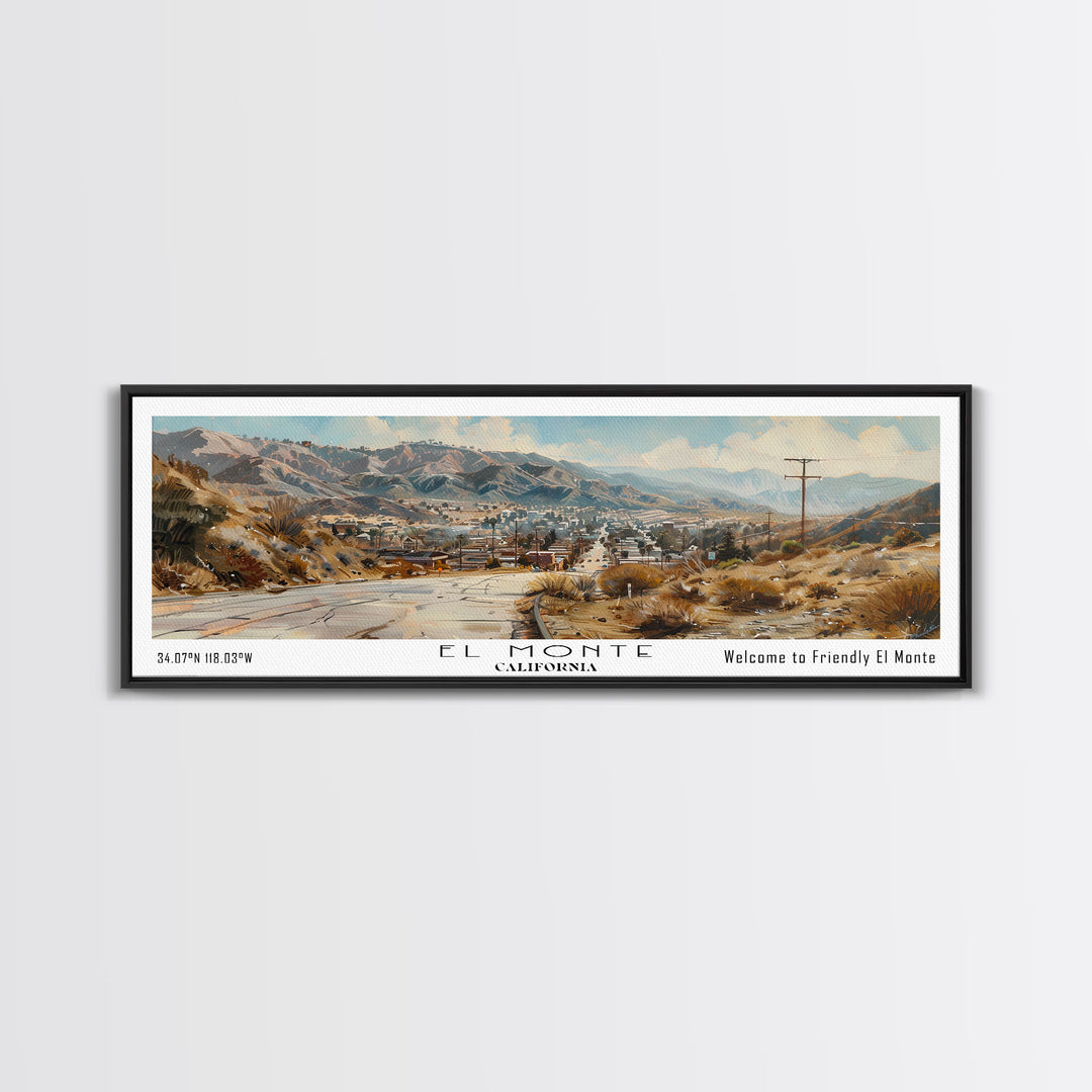 El Monte California Panoramic Watercolor Painting, Scenic Framed Canvas Print, Urban Wall Art for Office, Travel Decor, City Print, Gift Idea