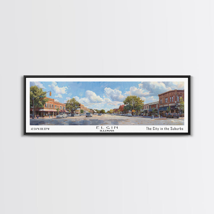 Elgin Illinois Panoramic Watercolor Painting, Scenic Framed Canvas Print, Urban Wall Art for Living Room, Travel Poster, Home Decor, City Gift Idea