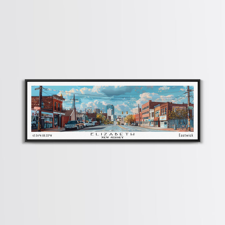 Elizabeth New Jersey Panoramic Watercolor Painting, Scenic Framed Canvas Print, Urban Wall Art for Office, Travel Decor, City Print, Gift Idea