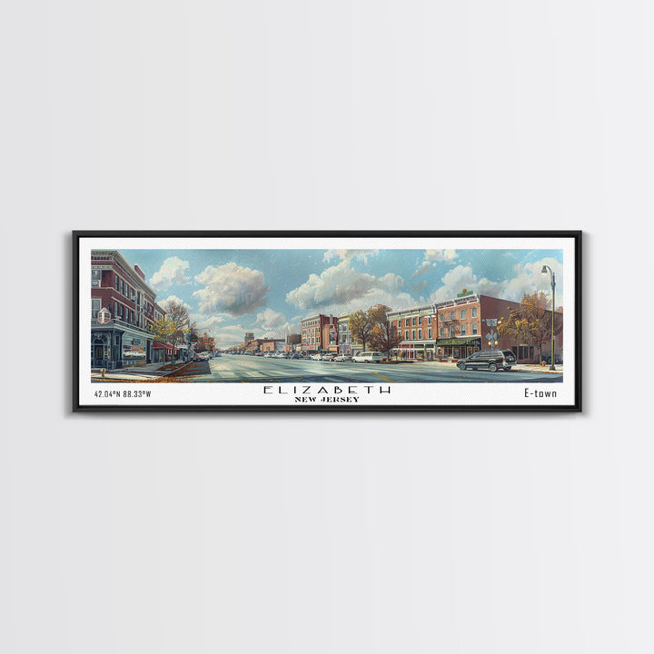 Elizabeth New Jersey Panoramic Watercolor Painting, Scenic Framed Canvas Print, Urban Wall Art for Office, Travel Decor, City Print, Gift Idea