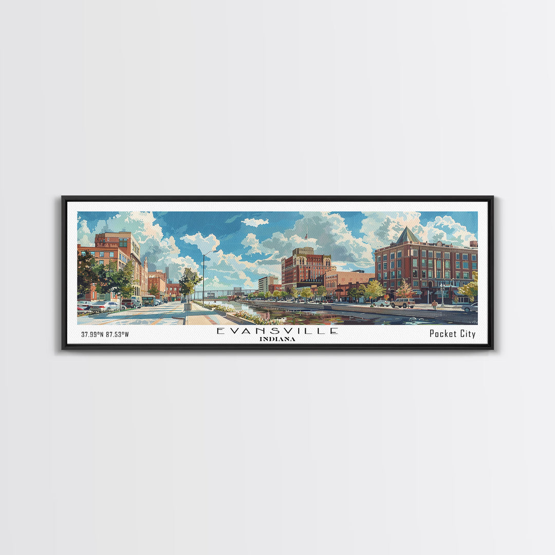 Evansville Indiana Panoramic Watercolor Painting, Scenic Framed Canvas Print, Urban Wall Art for Living Room, Travel Poster, Home Decor, City Gift Idea