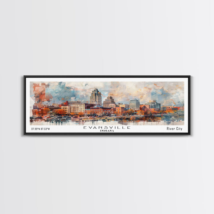 Evansville Indiana Panoramic Watercolor Painting, Scenic Framed Canvas Print, Urban Wall Art for Living Room, Travel Poster, Home Decor, City Gift Idea