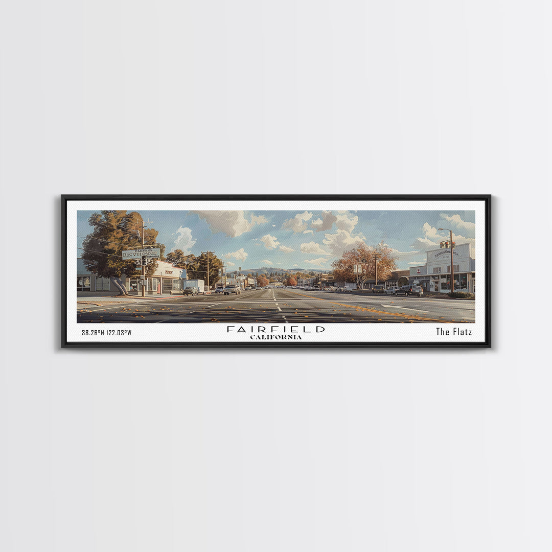 Fairfield California Panoramic Watercolor Painting, Scenic Framed Canvas Print, Urban Wall Art for Living Room, Travel Poster, Home Decor, City Gift Idea