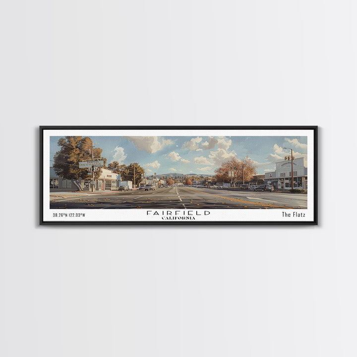 Fairfield California Panoramic Watercolor Painting, Scenic Framed Canvas Print, Urban Wall Art for Living Room, Travel Poster, Home Decor, City Gift Idea