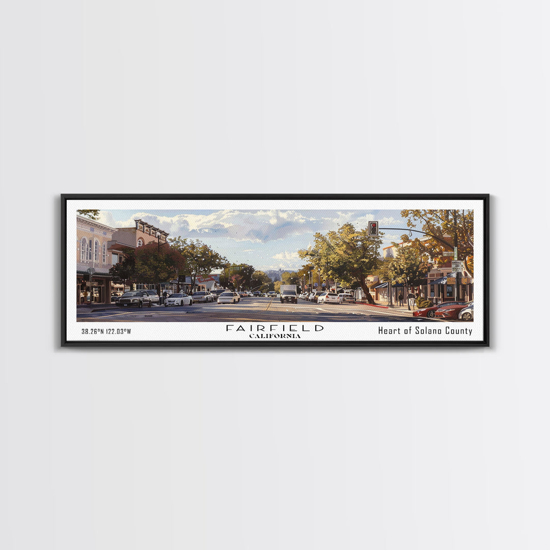 Fairfield California Panoramic Watercolor Painting, Scenic Framed Canvas Print, Urban Wall Art for Living Room, Travel Poster, Home Decor, City Gift Idea