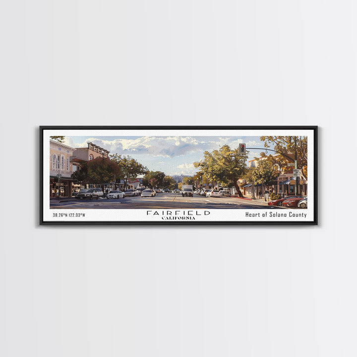 Fairfield California Panoramic Watercolor Painting, Scenic Framed Canvas Print, Urban Wall Art for Living Room, Travel Poster, Home Decor, City Gift Idea