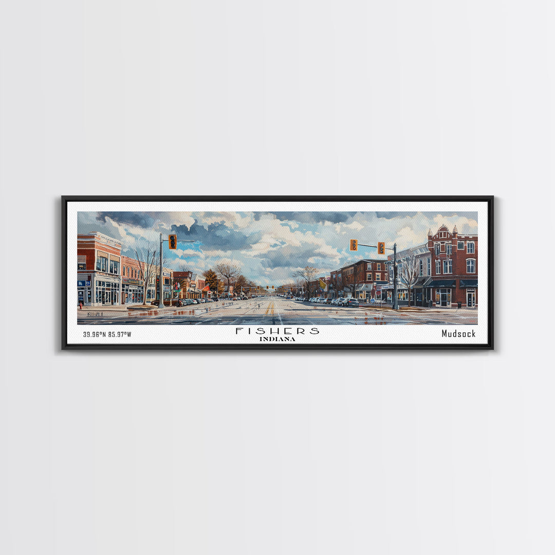 Fishers Indiana Panoramic Watercolor Painting, Scenic Framed Canvas Print, Urban Wall Art for Office, Travel Decor, City Print, Gift Idea