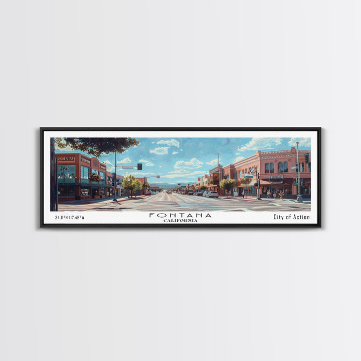 Fontana California Panoramic Watercolor Painting, Scenic Framed Canvas Print, Urban Wall Art for Living Room, Travel Poster, Home Decor, City Gift Idea