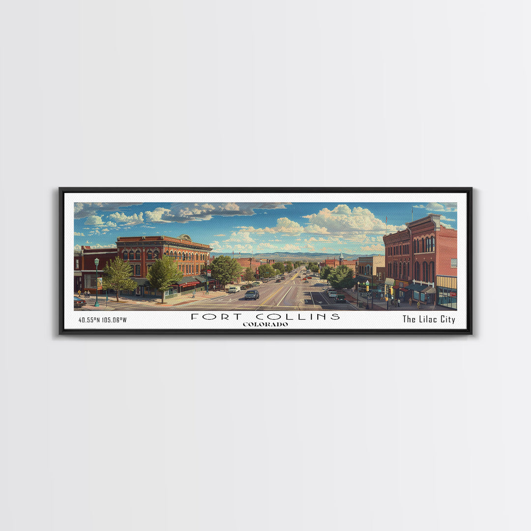 Fort Collins Colorado Panoramic Watercolor Painting, Scenic Framed Canvas Print, Urban Wall Art for Office, Travel Decor, City Print, Gift Idea