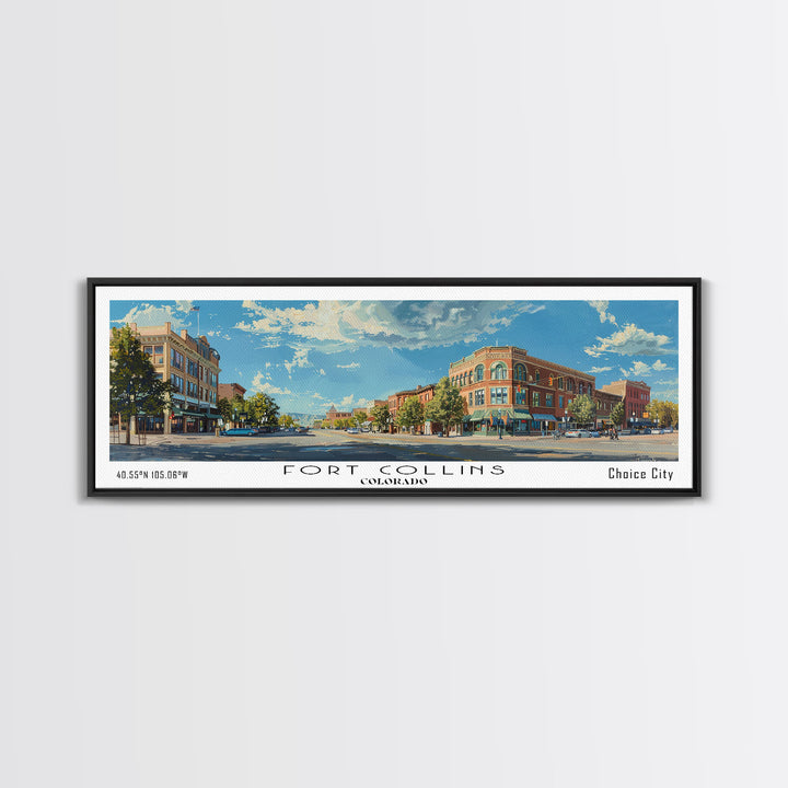 Fort Collins Colorado Panoramic Watercolor Painting, Scenic Framed Canvas Print, Urban Wall Art for Office, Travel Decor, City Print, Gift Idea