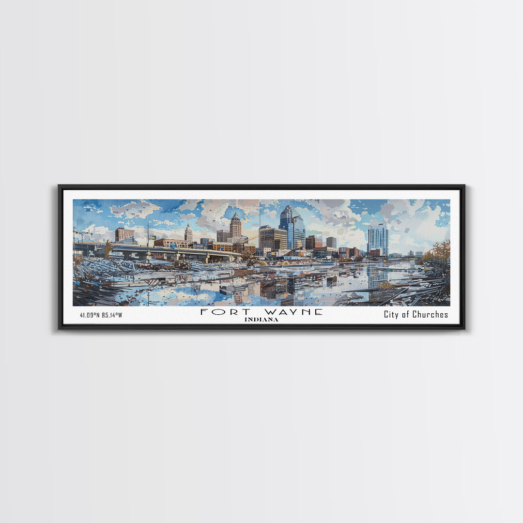 Fort Wayne Indiana Panoramic Watercolor Painting, Scenic Framed Canvas Print, Urban Wall Art for Office, Travel Decor, City Print, Gift Idea
