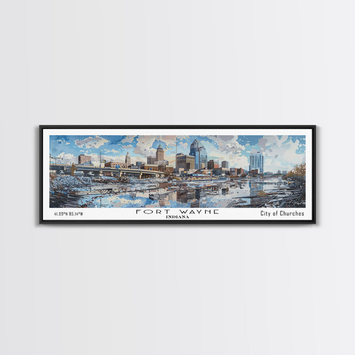 Fort Wayne Indiana Panoramic Watercolor Painting, Scenic Framed Canvas Print, Urban Wall Art for Office, Travel Decor, City Print, Gift Idea