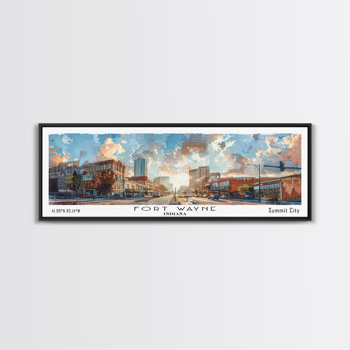 Fort Wayne Indiana Panoramic Watercolor Painting, Urban Framed Canvas Print, Cityscape Wall Art for Living Room, Travel Decor, Home Gift Idea