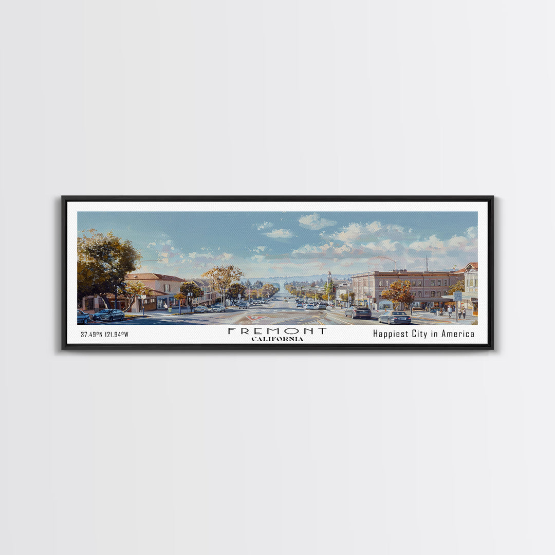 Fremont California Panoramic Watercolor Painting, Scenic Framed Canvas Print, Urban Wall Art for Office, Travel Poster, Home Decor, City Gift Idea