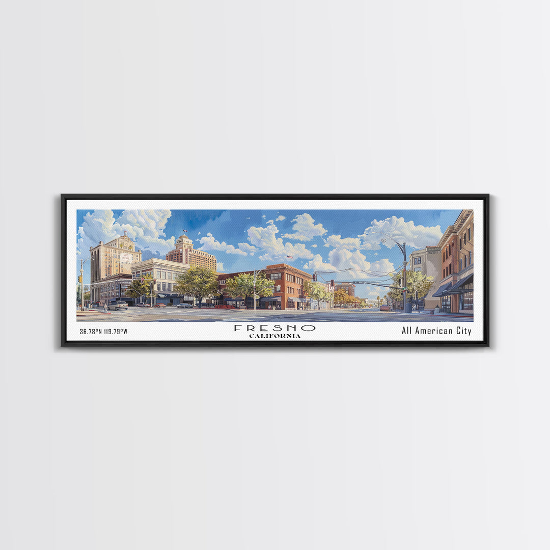 Fresno California Panoramic Watercolor Painting, Scenic Framed Canvas Print, Urban Wall Art for Living Room, Travel Decor, City Print, Gift Idea