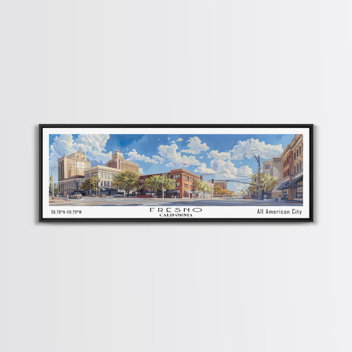 Fresno California Panoramic Watercolor Painting, Scenic Framed Canvas Print, Urban Wall Art for Living Room, Travel Decor, City Print, Gift Idea