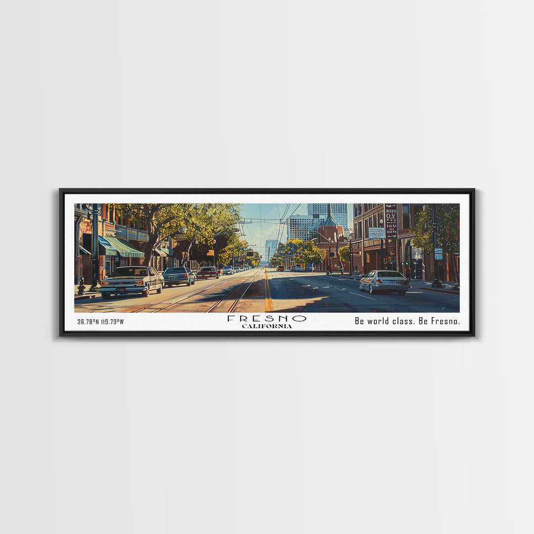 Fresno California Panoramic Watercolor Painting, Scenic Framed Canvas Print, Urban Wall Art for Living Room, Travel Decor, City Print, Gift Idea