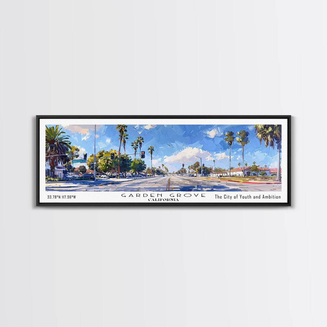 Garden Grove California Panoramic Watercolor Painting, Urban Framed Canvas Print, Cityscape Wall Art for Living Room, Travel Decor, Office Art, Gift Idea
