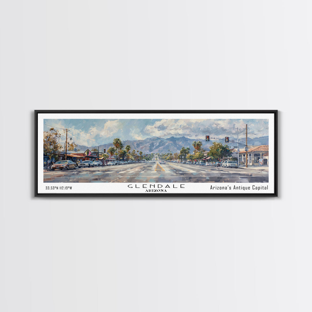 Glendale Arizona Panoramic Watercolor Painting, Urban Framed Canvas Print, Cityscape Wall Art for Office, Travel Decor, Home Gift Idea