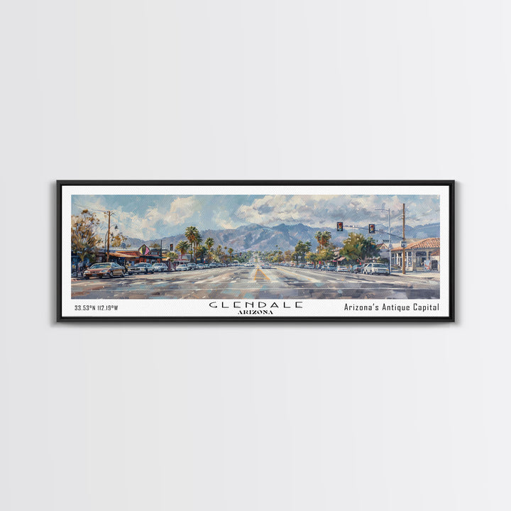 Glendale Arizona Panoramic Watercolor Painting, Urban Framed Canvas Print, Cityscape Wall Art for Office, Travel Decor, Home Gift Idea