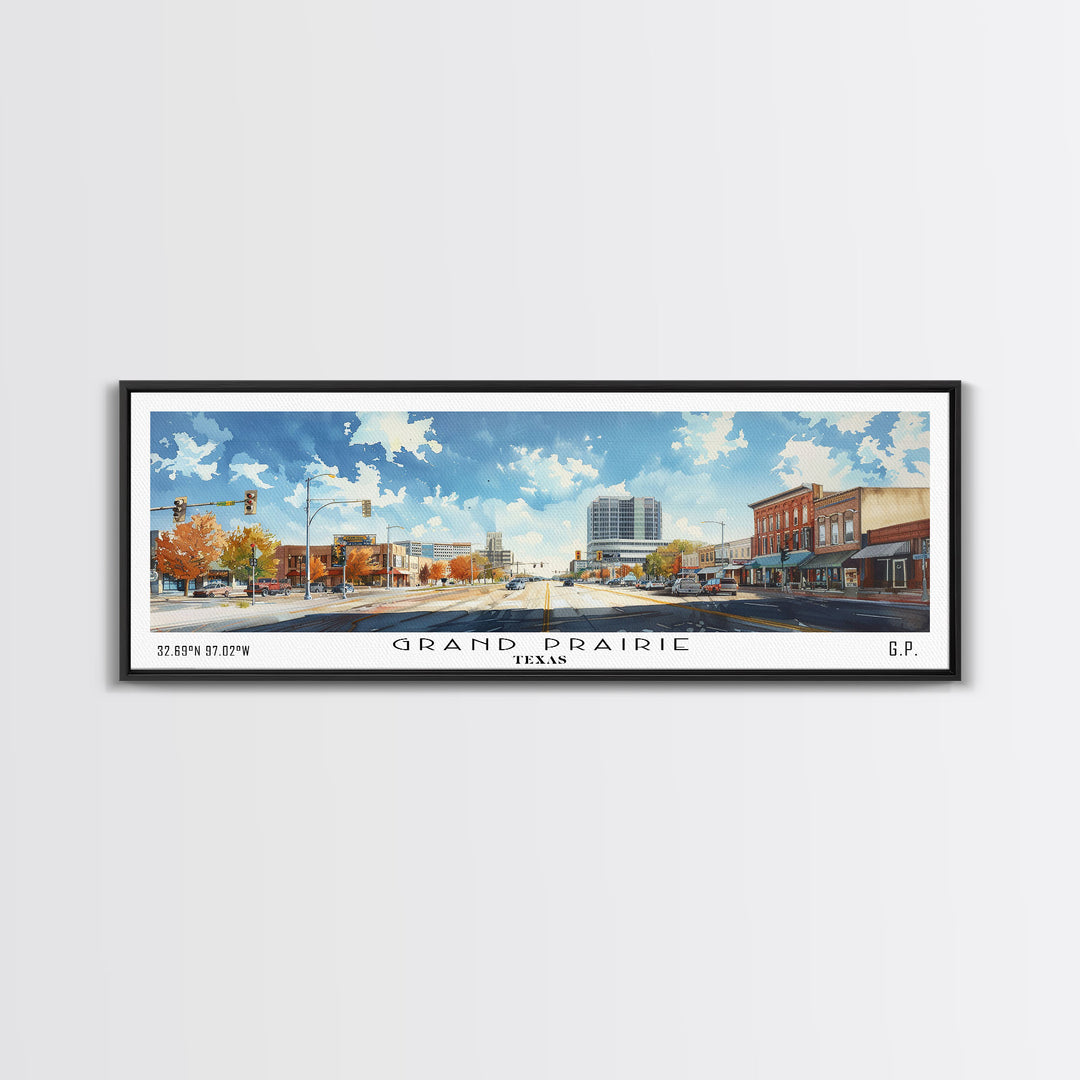 Grand Prairie Texas Panoramic Watercolor Painting, Urban Framed Canvas Print, Cityscape Wall Art for Living Room, Travel Decor, Home Gift Idea
