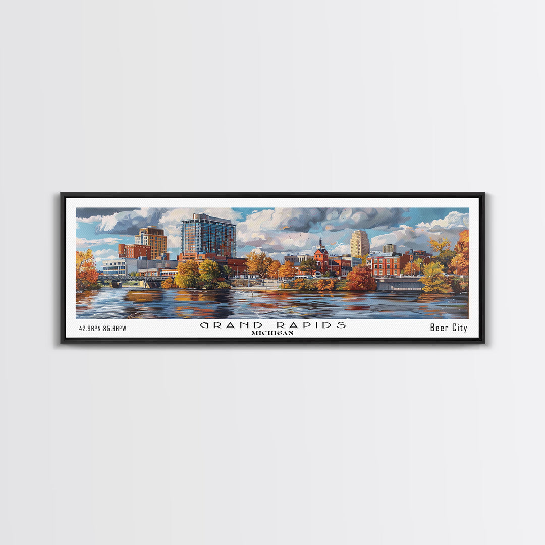 Grand Rapids Michigan Panoramic Watercolor Painting, Urban Framed Canvas Print, Cityscape Wall Art for Office, Travel Decor, Home Gift Idea