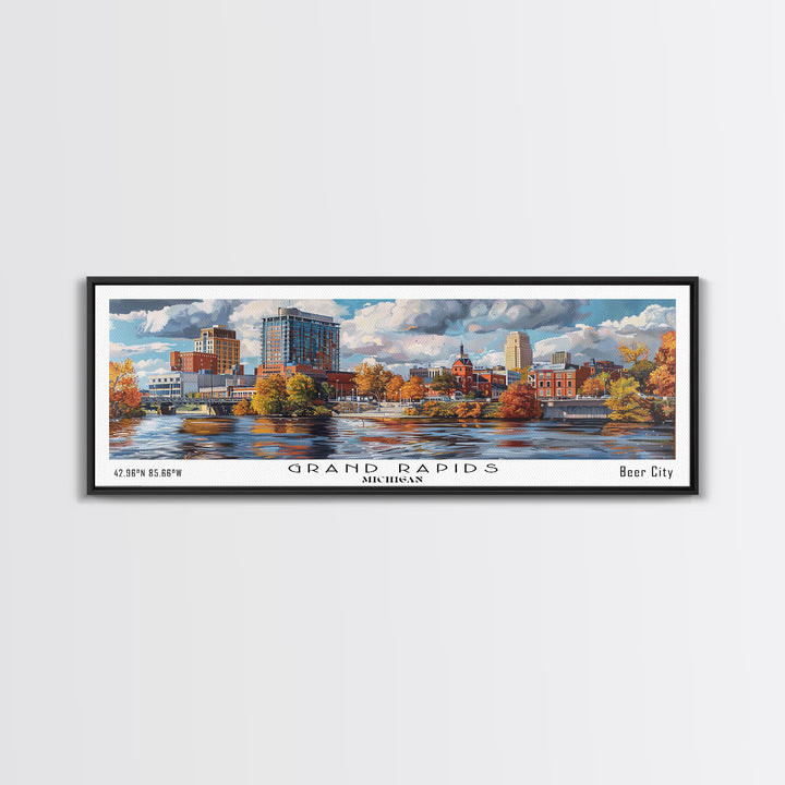 Grand Rapids Michigan Panoramic Watercolor Painting, Urban Framed Canvas Print, Cityscape Wall Art for Office, Travel Decor, Home Gift Idea