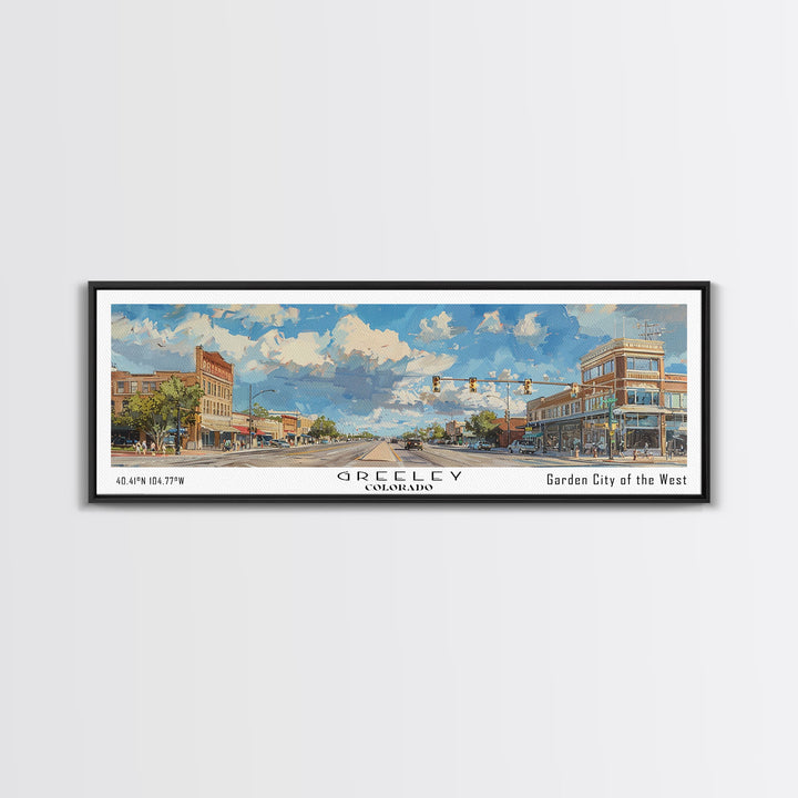 Greeley Colorado Panoramic Watercolor Painting, Urban Framed Canvas Print, Cityscape Wall Art for Living Room, Travel Poster, Home Decor, City Gift Idea