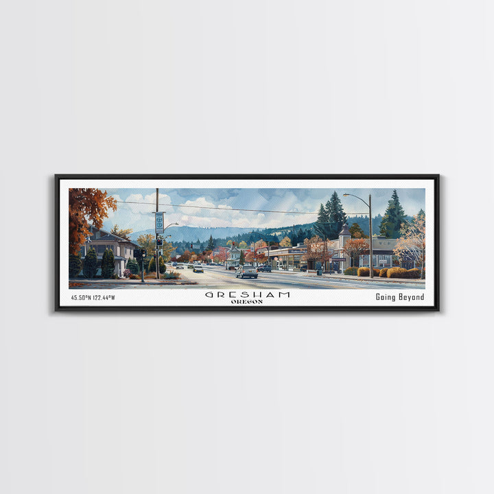Gresham Oregon Panoramic Watercolor Painting, Urban Framed Canvas Print, Cityscape Wall Art for Living Room, Travel Decor, Home Gift Idea