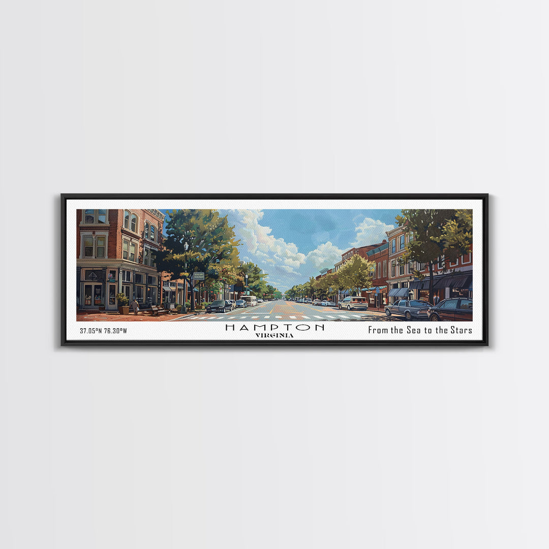 Hampton Virginia Panoramic Watercolor Painting, Urban Framed Canvas Print, Cityscape Wall Art for Living Room, Travel Poster, Home Decor, City Gift Idea