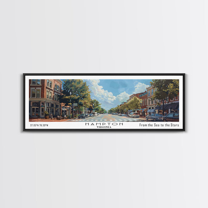 Hampton Virginia Panoramic Watercolor Painting, Urban Framed Canvas Print, Cityscape Wall Art for Living Room, Travel Poster, Home Decor, City Gift Idea