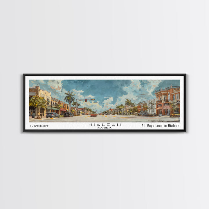 Hialeah Florida Panoramic Watercolor Painting, Urban Framed Canvas Print, Cityscape Wall Art for Living Room, Travel Decor, Home Gift Idea